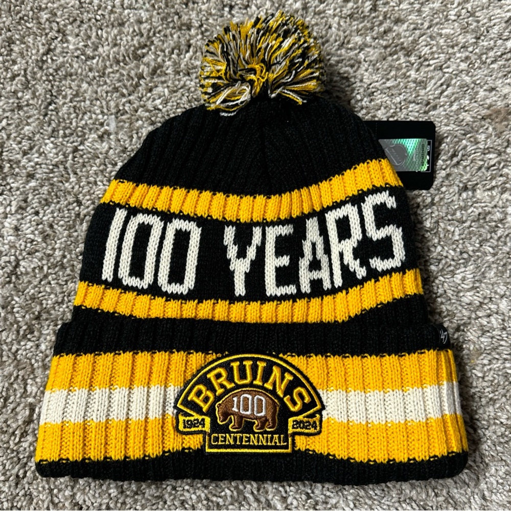NEW Boston Bruins NHL Hockey '47 Centennial 100 Years Cuffed Knit Beanie Pom Cap
